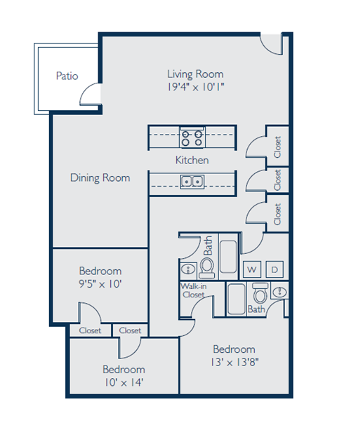Floor plan for 3 beds, 2 baths, 1240 sqft